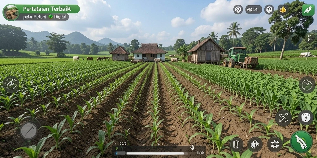 Tampilan gameplay 6CF dengan suasana pertanian yang cerah.