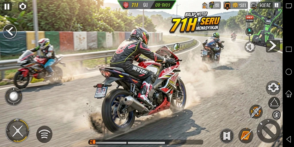 Tangkap momen seru dalam gameplay balap motor 71H.