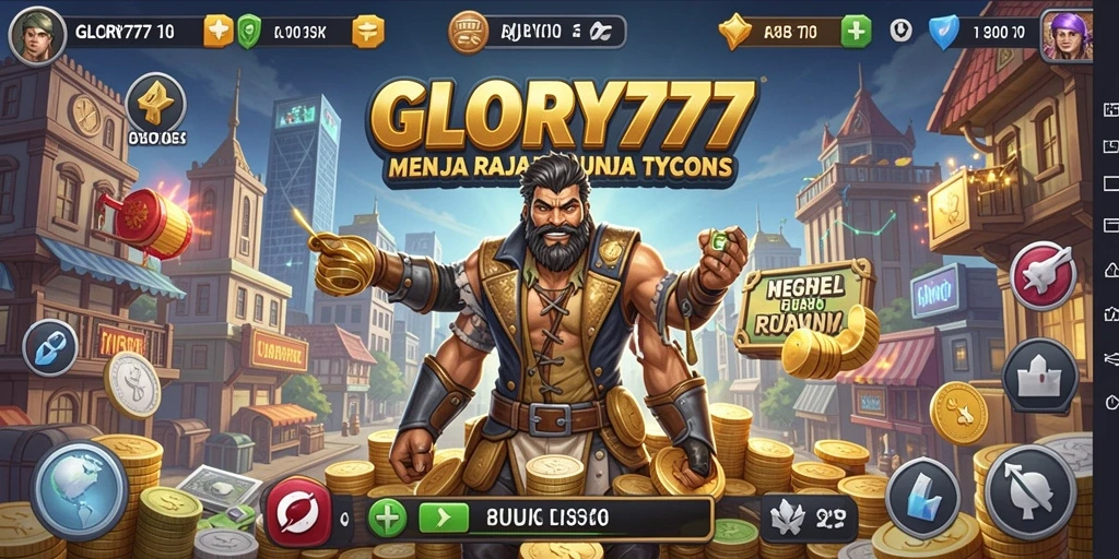 Tampilan gameplay <strong>GLORY777</strong> menunjukkan momen-momen kritis dalam membangun kerajaan bisnis.
