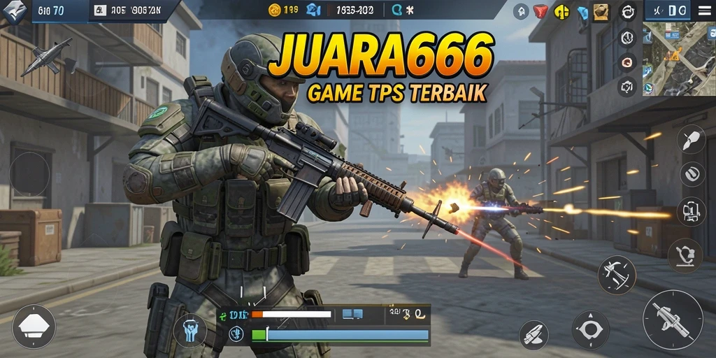 Tampilan aksi seru dalam gameplay JUARA666 yang menampilkan pertempuran TPS.