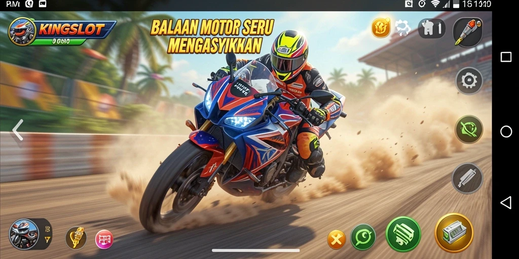 Tampilan gameplay KINGSLOT dengan aksi balapan yang cepat.