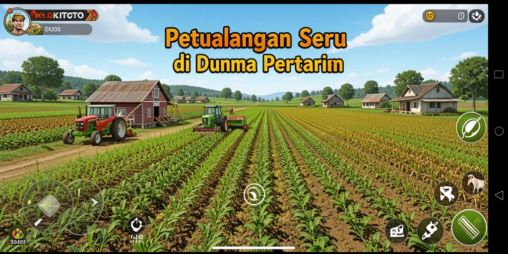 Tangkapan layar gameplay KOKITOTO yang menarik dengan ladang bertani.