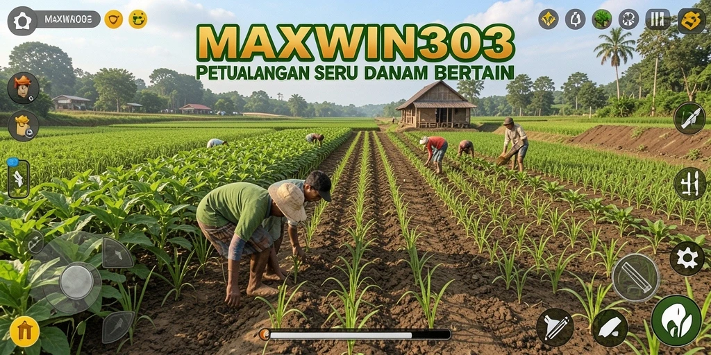 Screenshot gameplay menunjukkan lahan pertanian yang subur dan aktivitas bertani.