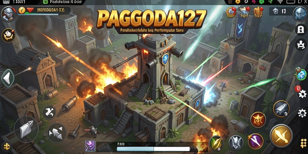 Tampilan gameplay yang mendebarkan di PAGODA127 dengan menara dan musuh.