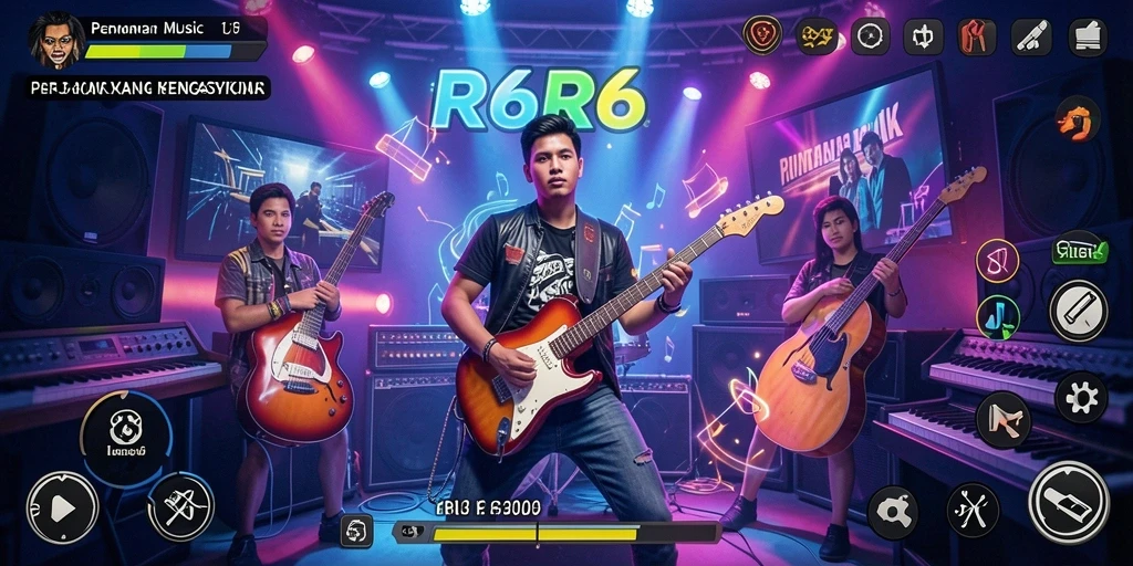 Screenshot utama R6R6 menampilkan gameplay musik yang mengasyikkan.